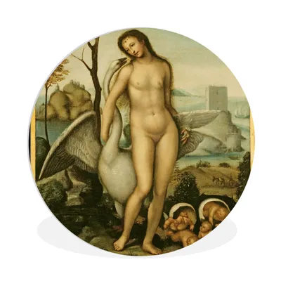 Produktbild von MuchoWow® Rundes Wandbild - Runde Bilder Leda und der Schwan - Leonardo da Vinci Ø 90 cm Kreis Wanddekoration Kunststoff - Wandkreis - Wandschmuck - Wand-Kreis - Wohnzimmer - Bild - Runde - Wanddeko - Dibond - Kunstdrucke
