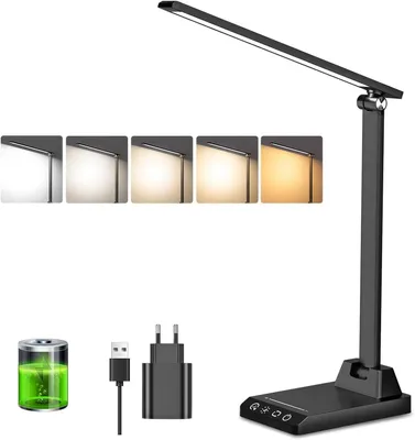 Immagine prodotto di Lampada da scrivania LED - Lampada da tavolo senza fili - Ideale per lettura e lavoro - 5 colori, 10 livelli di luminosità - Batteria da 2500 mAh - Colore nero
