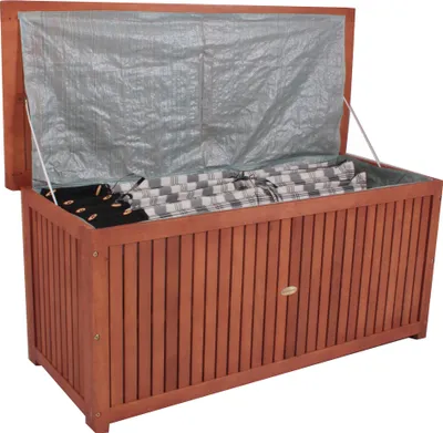 Produktbild von Garden Pleasure Auflagenbox WASHINGTON, Akazienholz geölt, braun, 236L, 21,6kg, Außen: 133x58x55 cm (BxHxT), Innen: 121x48x47 cm (BxHxT), Sitzgelegenheit, witterungsbeständig, für Hochlehnerauflagen geeignet, mit Innenfolie und Entlüftungsschlitzen