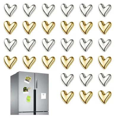 Produktbild von 30 Stück Kühlschrankmagnete in Gold und Silber, Herzform, dekorative 3D-Magnete für Kühlschrank, Whiteboard, Kalender, Zuhause und Büro