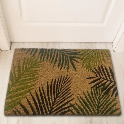 Image de Paillasson exotique avec des feuilles de palmier, vert - 45 x 75 cm