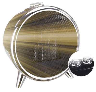 A circular heater with a metallic finish and a mesh front, shown on a white background with a close-up inset of its control knobs.