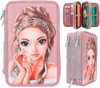 Produktbild von Federtasche TOPModel GLITTER QUEEN, rosa, Glitzersteinen auf der Front und Rücken,, 18 Bunt- und Filzstiften, 2 Bleistiften, und Zubehör