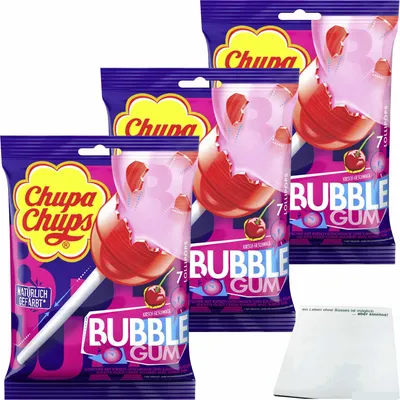 Produktbild von Chupa Chups Lutscher Lollys mit Bubble Gum Geschmack 3er Pack (3x7x18g Packung) + usy Block