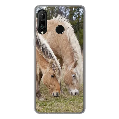 Produktbild von MuchoWow® Handyhülle Schutzhülle Hülle für Huawei P30 Lite Zwei grasende Fjordpferde auf einer Wiese Silikon Softcase Handy Hülle - Handyhülle