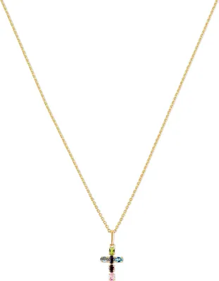 Produktbild von New Bling 9NBG-0598 Gold Halskette mit Anhänger Kreuz mit mehrfarbigen Zirkonia Steinen - 14x9mm - Ankerglied - 39+3+3cm - 0.8mm Dicke - 14 Karat - Gold