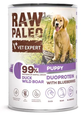 Zdjęcie produktu dla RAW PALEO Duoprotein Duck & Boar Puppy - mokra karma dla psów - 400g