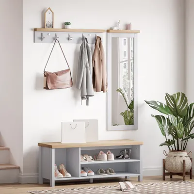 Produktbild von Mondeer Garderobenset Schuhbank Wandspiegel und Garderobenständer mit 5 Haken Set Holz Moderner Stil Grau