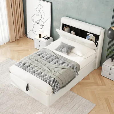 Immagine prodotto di Letto imbottito okwish con materasso 90x200, letto per ragazzi con contenitore, ripiano nascosto nella testiera e ripiano nel contenitore, struttura letto con rete a doghe e testiera, bianco