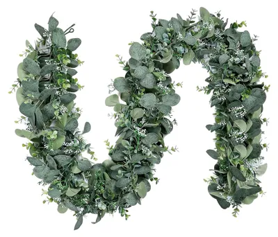 Produktbild von 2 Stück Künstliche Eukalyptus-Girlanden mit Weidenblättern, Grüne Blätter und Weiße Blüten für Hochzeitsdekoration, Tischläufer und Mittelstücke