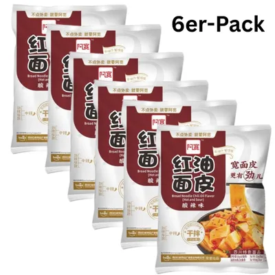 Produktbild von 6er-Pack BAIJIA A-Kuan Breite Nudeln Bandnudeln Chiliöl Hot & Sour 115g