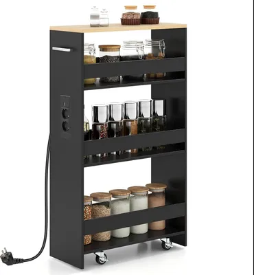 Produktbild von KOMFOTTEU Nischenwagen mit Ladestation, Kleiner Küchenwagen mit Rollen, Organisationswagen Rollregal platzsparend mit Griff (Schwarz + Natur, 47,5 x 20 x 80,5 cm)