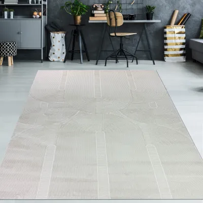 Zdjęcie produktu dla Dywan do salonu i sypialni z recyklingu, nowoczesny, z owalnymi wzorami | beżowy, wymiary – 200 x 290 cm