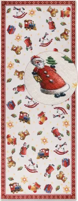 A repeating pattern of Christmas-themed toys on a white background, with a decorative red border.