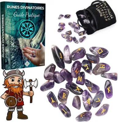 Productafbeelding van Runes - Verpakking van 25 natuurlijke amethiststenen - Gegraveerd (2 cm x 1 cm) + zwart zakje + praktisch boek - Visie
