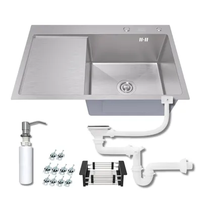 Obrázek produktu pro ANW HOME Kuchyňský dřez nerez 78x50 cm s odkapávačem, vestavný dřez 1 komora 22 cm, nerezová ocel 304 Nano, sifon a dávkovač