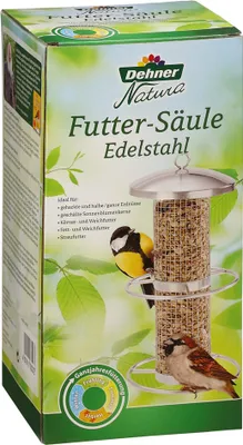 Produktbild von Dehner Natura Premium Wildvogel Futtersäule, Futterstation für Wildvögel, Futterstelle wetterfest / hängend, inkl. Sitzringe, ca. 27 x 6.5 x 6.5 cm, Edelstahl, silber