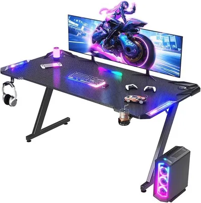 Produktbild von Gaming Tisch mit LED-Beleuchtung, RGB Gaming Tisch, Stabiler Computertisch für Homeoffice und Gamer,Gaming Schreibtisch mit Kopfhörerhalterung und Getränkehalter, 160 x 60 cm, Schwarz