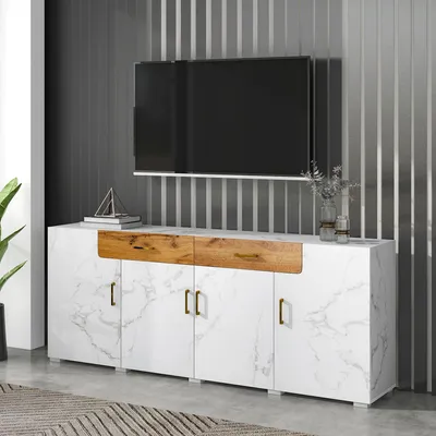 Image de MODFU Buffet avec 4 Portes et 2 Tiroirs - Meuble Bas Design en Panneaux de Particules Effet Marbre pour Salon - Blanc