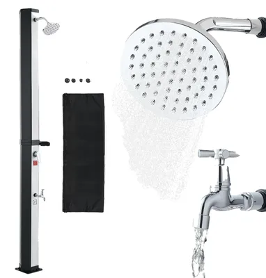 Produktbild von VEVOR Outdoor Solar-Dusche, 40L Pooldusche Set mit 2 Duschköpfen und Fußdusche, Handheld/Hängend Zwei Modi Schnelle Montage mit Vorgebohrtem Loch für Outdoor Garten Poolstrand Spa, 35 L-Schwarz+Silber, Ohne Bodenkit-b