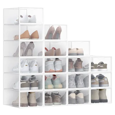 Produktbild von Schuhboxen, 18er Set, durchsichtig, aus Kunststoff, mit Tür, stapelbar, 33,2 x 23 x 14,5 cm, transparent-wolkenweiß