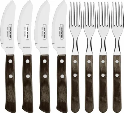 Produktbild von Tramontina PIZZA Besteck Set, 8-tlg., Messer, Gabel, Pizzamesser, Essbesteck, Edelstahl / Holz, 29899-174