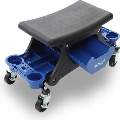 A rolling mechanic's stool with tool storage.