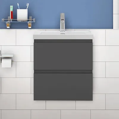Produktbild von Waschtisch mit Unterschrank 50cm Alast Badmöbel Set Dunklegrau Rechteckiges Waschbecken mit Unterschrank MDF Softclose