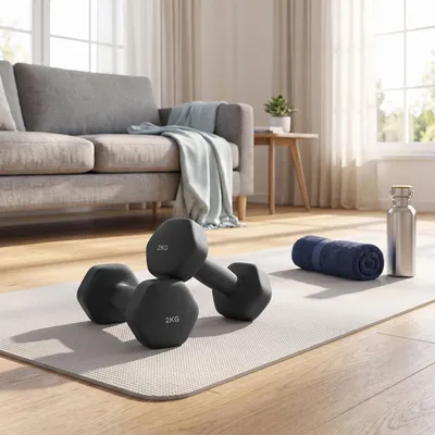 Produktbild von SONGMICS 6-Teiliges Hexagon Kurzhantel Set mit Ablage, Vinyl-Beschichtung, 9 kg (2 x 1 kg, 2 x 1,5 kg, 2 x 2 kg), Schwarz