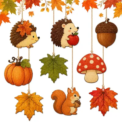9 Holz-Hänger Herbstdeko: Igel, Eichhörnchen, Kürbis, Pilz, Ahornblätter