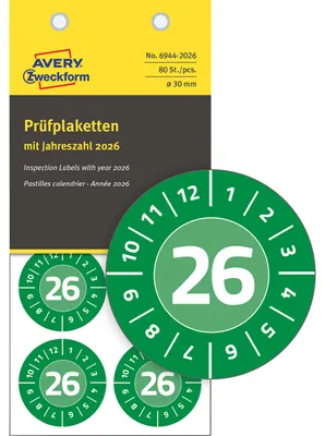 Produktbild von Avery Zweckform 6944-2026, Prüfplaketten, ? 30 mm, 10 Bögen, grün
