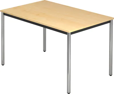 A rectangular table with a light wood-like surface and silver legs, shown against a white background.