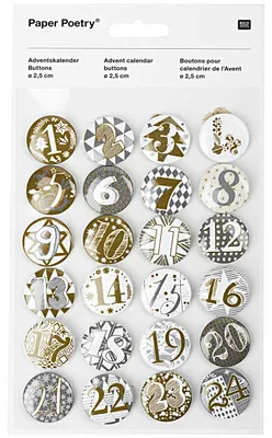 Produktbild von Adventskalender Buttons - 25mm 24 Stück Gold/Silber