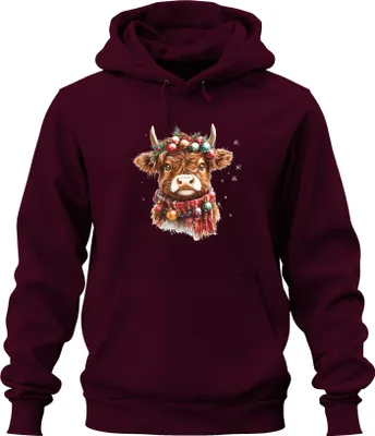 Produktbild von Highland Kuh Weihnachtskranz Weihnachtskugeln Schal Schneeflocken Uni Hoodie Kapuzenpullover, Burgundy, S