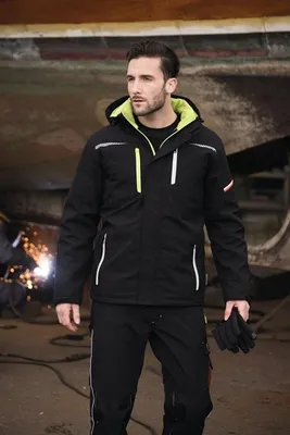 Produktbild von Terrax Workwear Herren Berufsparka Arbeitsparka Softshell leicht wattiert - Arbeitsjacke mit reflektierenden Details in Schwarz-Limette Größe L