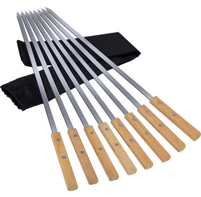 Produktbild von Spieße 55 cm - 8x Kebabspieße - Flache Grillspieße - Edelstahl - Hitzebeständig - Holzgriff - Grillspieß