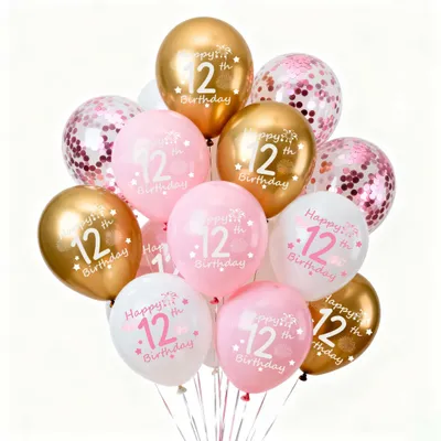 12. Geburtstag Ballonset, 28 Stück, rosa, weiß, metallic gold, 12 Zoll