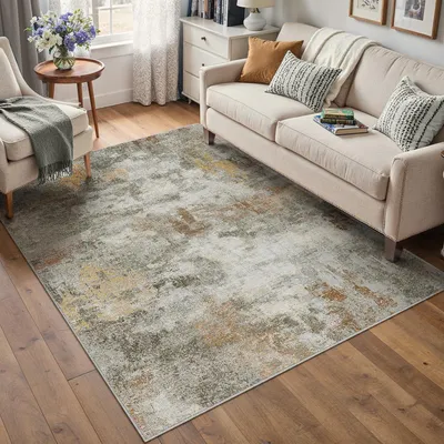 Immagine prodotto di Tappeto a pelo corto, dimensioni 120x180 cm, lavabile, antiscivolo, motivo astratto, colori arancione e grigio