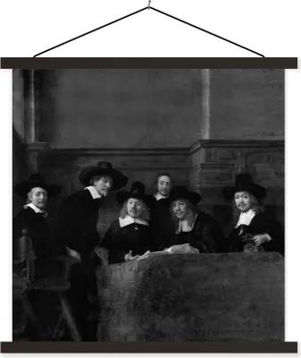 Produktbild von MuchoWow® Textilposter Die Stahlmeister - Gemälde von Rembrandt van Rijn - schwarz-weiß 120x120 cm mit schwarzem Rahmen - Aufhängungsset