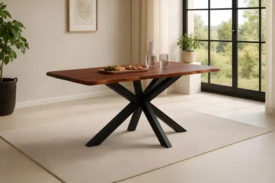 Produktbild von Esstisch Baumkante massiv Akazie kastanienfarben 160 x 85 cm Spider-Gestell schwarz Roxana