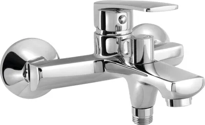 A chrome-plated bathtub wall faucet is shown against a white background.