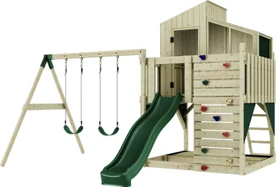 Produktbild von OutdoorToys Spielturm mit Spielhaus mit Wellenrutsche, Outdoor Klettergerüst Garten, Kletterwand und Kletterleiter, Ausführung: Kinderschaukel, Farbe: Smaragdgrün Kinderschaukel