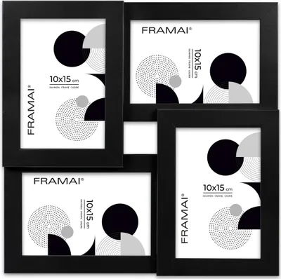 Zdjęcie produktu dla FRAMAI® Ramka wielokadrowa na 4 zdjęcia 10x15 cm – ramka na kolaż wykonana z płyty MDF z odpornym na pęknięcia pleksiglasem – nowoczesna i wszechstronna – wyprodukowana w UE – czarna