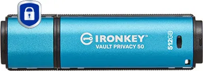 Produktbild von Kingston Technology IronKey 512GB Vault Privacy 50 AES-256 verschlüsselter, FIPS 197, 512 GB, USB Typ-A, 3.2 Gen 1 (3.1 Gen 1), 310 MB/s, Kappe, Schwarz, Blau