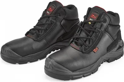 A pair of black work boots are shown against a white background.