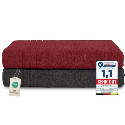 Produktbild von Komfortec 2er Saunatuch Set 80x200 cm aus 100% Baumwolle, XXL-Saunatücher, Sauna Handtuch, Weich, Groß, Frottee, Schnelltrocknend, Schwarz/Aurorarot