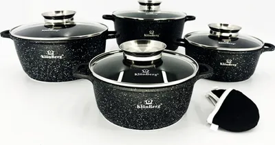 A set of granite-coated pots and pans with glass lids, displayed on a white background. A black oven mitt is also visible.
