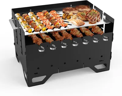 Obrázek produktu pro Přenosný gril na dřevěné uhlí – pro vaření venku – včetně špejlí – rozměry 528 x 34 cm – černý