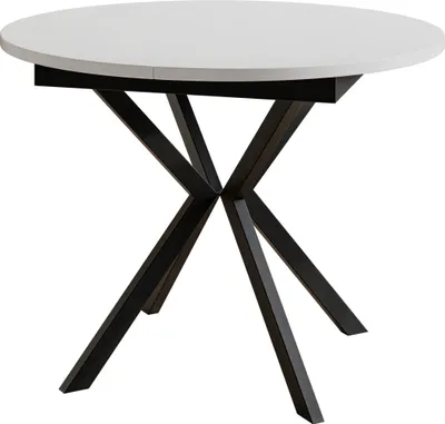 Immagine prodotto di Tavolo rotondo per sala da pranzo LEO, diametro tavolo allungabile: da 100 cm a 138 cm, colore tavolo da soggiorno: bianco, con gambe in metallo nero