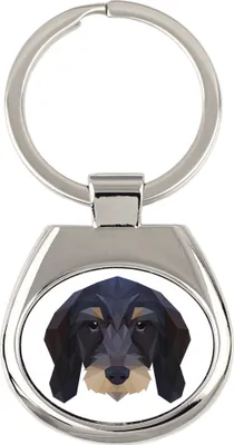 Obrázok produktu pre Drátosrstý jazvečík – geometrický prívesok na kľúče s fotografiou a nápisom Art-Dog